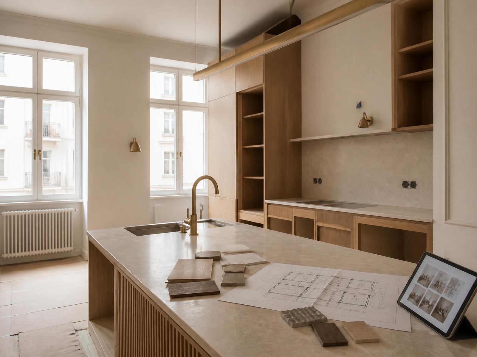 A partially installed oak kitchen in a Berlin apartment with a pale limestone worktop, brushed brass fittings and a floor plan, material samples and a tablet arranged on the island